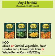 Koo Mixed Or Curried Vegetables,Fresh Garden Peas,Creamstyle Corn Or Whole Kernel Corn-4x410g/420g