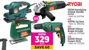 Ryobi 150W Handyline Orbital Sander HS150, 400W Jig Saw, 650W 115mm Angle Grinder-Each