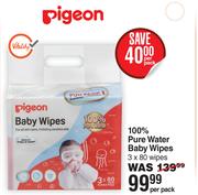 Pigeon 100% Pure Water Baby Wipes 3 x 80 Wipes-Per Pack