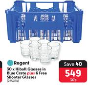 Regent 30 x Hiball Glasses In Blue Crate Plus 6 Free Shooter Glasses-30's