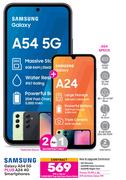 2 x Samsung Galaxy A54 5G Plus A24 4G Smartphone-On 1.2GB Red Top Up Core More Data + On Promo 75
