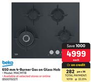 Beko 650mm 4-Burner Gas On Glass Hob 850015027-Each