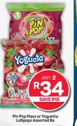 Pin Pop Maxx Or Yoguetts Lollipops Assorted-Any 2 x 8s
