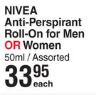 Nivea Anti Perspirant Roll On For Men Or Women Assorted-50ml Each