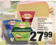 Simonsberg President Camembert Or Brie 125g Or Creamy Blue Cheese 100g-Each
