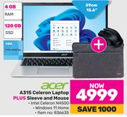 Acer 15.6"(39cm) A315 Celeron Laptop Plus Sleeve And Mouse