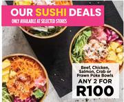 Beef, Chicken, Salmon, Crab Or Prawn Poke Bowls-For Any 2