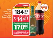 KWV 5 Year Old Brandy 750ml & Coca Cola 1L-Per Combo
