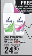 Shield Anti Perspirant Roll On For Women Or Teens Assorted-50ml Each