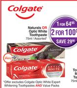 Colgate Naturals Or Optic White Toothpaste-For 2 x 75ml