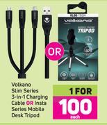 Volkano Slim Series 3 In 1 Charging Cable Or Insta Series Mobile Desk Tripod-Each
