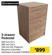Home & Kitchen 3 Drawer Pedestal-600mm (h) x 380mm (w) x 340mm (d)
