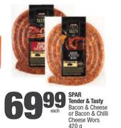 Spar Tender & Tasty Bacon & Cheese Or Bacon & Chilli Cheese Wors-420g