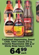 Carbsmart Mayonnaise, Sweet Chilli, 1000 Islands 375g, Sriacha Mayonnaise 380g-Each