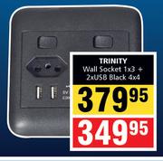 Trinity Wall Socket 1x3 + 2x USB Black 4x4