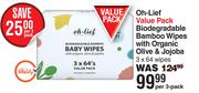 Oh-Lief Value pack Biodegradable Bamboo Wipes With Organic Olive & Jojoba 3 x 64 Wipes-Per 3 Pack
