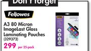 Fellowes A3 80 Micron ImageLast Glass Laminating Pouches 329372-Per 25 Pack
