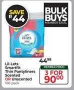 Lil-Lets Smartfit Thin Pantyliners Scented Or Unscented 100 Pack-For 3