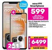 2 x Huawei Nova Y91 Smartphone-On 1.2GB Red Top Up Core More Data