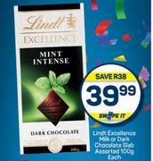 Lindt Excellence Milk Or Dark Chocolate Slab Assorted-100g Each