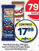Nestle Smarties, Milkybar, Aero Or Kitkar 8 Finger Slabs Assorted-80g/85g Each
