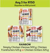 Rainbow Simply Chicken Viennas 500g, Chicken Frankfurters 425g Or Chicken Grillers 325g-For 3