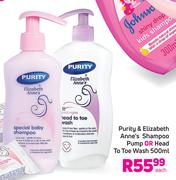 Purity & Elizabeth Anne's Shampoo Pump Or Head To Toe Wash-500ml Each