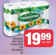 Twinsaver Mini Toilet Tissue Rolls 1 Ply 300 Sheets-8s Per Pack