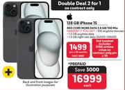 2 x Apple 15 iPhone 128GB-On 2.6GB Red Core More Data/100 Min