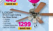 Logik 32cm 3 Light Ceiling Fan Silver Nickel 