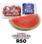 1 x Blueberry Punnet 125g, 1 x Strawberry Punnet 250g, 1 x Watermelon Quarter-Combo