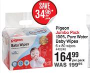 Pigeon 100% Pure Water Baby Wipes Jumbo Pack-6 x 80 Wipes Per Pack