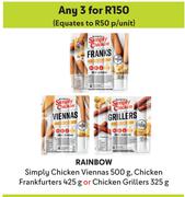Rainbow Simply Chicken Viennas 500g, Chicken Frankfurters 425g Or Chicken Grillers 325g-For 3