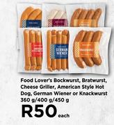 Food Lover's Bockwurst, Bratwurst, Cheese Griller, American Style Hot Dog-360g/400g/450g Each