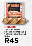 1 x Eskort Red Or Smoked Viennas 500g, 1 x Eskort Liver Spread 100g-Combo