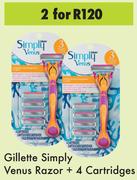 Gillete Simply Venus Razor + 4 Cartridges-For 2