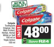 Colgate Toothpaste Original,Gel,Max Protect,Herbal,White Or Salt 100ml Or Triple Action 150ml-For 2