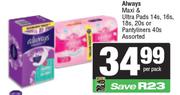 Always Maxi & Ultra Pads 14s,16s,18s,20s Or Pantyliners 40s-Per Pack