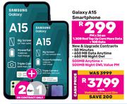 2 x Samsung Galaxy A15 Smartphone-On 1.3GB Red Top Up Core More Data + 1GB Data