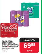 Coca Cola,Stoney, Fanta, Sprite, Schweppes, Twist Or Sparletta Soft Drink Cans-6 x 300ml Each