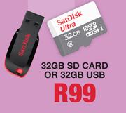 Sandisk 32GB SD Card Or 32GB USB