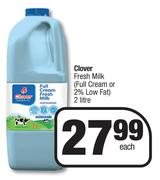 Clover Fresh Milk Full Cream Or 2% Low Fat-2Ltr Each