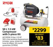 Ryobi 50L 1.5 KW Compressor With 5 Piece Kit ACC2055K