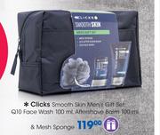 Clicks Smooth Skin Men's Gift Set:Q10 Face wash-100ml,Aftershave Balm-100ml & Mesh Sponge