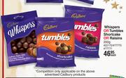 Cadbury Whispers Or Tumbles Shortcake Or Raisins-200g Each