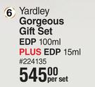 Yardley Gorgeous Gift Set EDP 100ml Plus EDP 15ml-Per Set