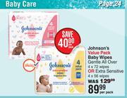 Johnson's Value Pack Baby Wipes Gentle All Over 4 x 72 Wipes Or Extra Sensitive 4 x 56 Wipes-Per Pac