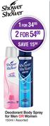Shower To Shower Deodorant Body Spray For Men Or Women Assorted-For 2 x 150ml