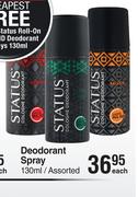 Status Deodorant Spray Assorted-130ml Each