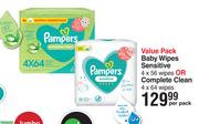 Pampers Value Pack Baby Wipes Sensitive 4 x 56 Wipes Or Complete Clean 4 x 64 Wipes-Per Pack